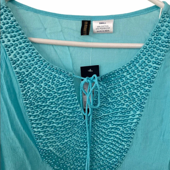 Beaded Boho Chic Turquoise Color Summer Long Sleeves Top Small/Medium BNWT - Picture 4 of 5